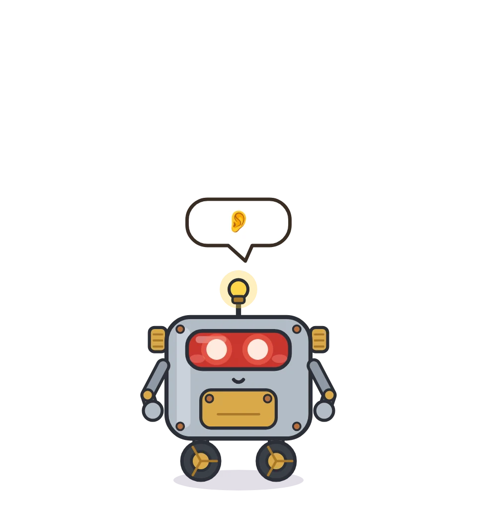 Tonk the robot listening, an ear in his bubble.