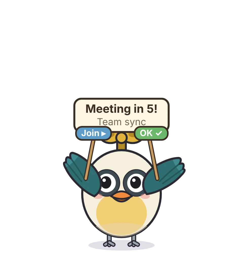 Pip holding up a sign: Meeting in 5! Team sync, with Join and OK buttons.